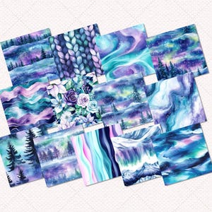 May include: A set of 12 digital paper designs featuring watercolor patterns in shades of blue, purple, and pink. The designs include abstract patterns, floral patterns, and winter-themed patterns.