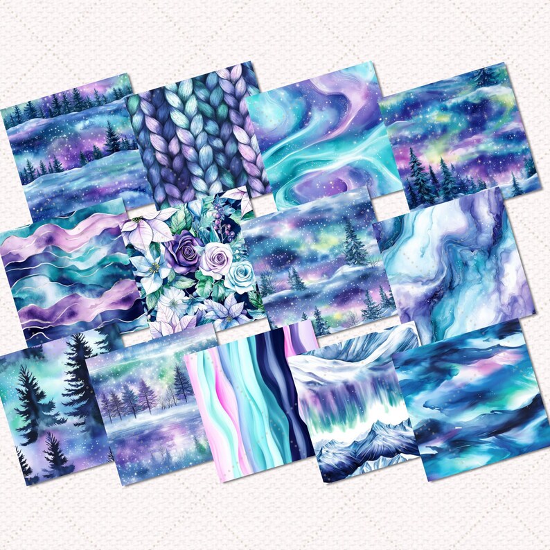 May include: A set of 12 digital paper designs featuring watercolor patterns in shades of blue, purple, and pink. The designs include abstract patterns, floral patterns, and winter-themed patterns.