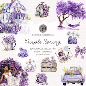 Lila Frühling, Clipart Png-Bundle - 50 hochwertige Pngs, Frühlingskollektion, Aquarell Clip Art, Sublimationsdesigns
