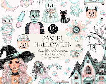 Pastel Halloween Clipart Bundle: Watercolor Spooky Doodles (PNG)