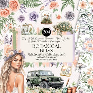 Botanical Bliss Aquarell Clipart Kit - 204 PNG & JPEG Elemente, Florale Muster, Pinselstriche und Arrangements | Digitaler Download