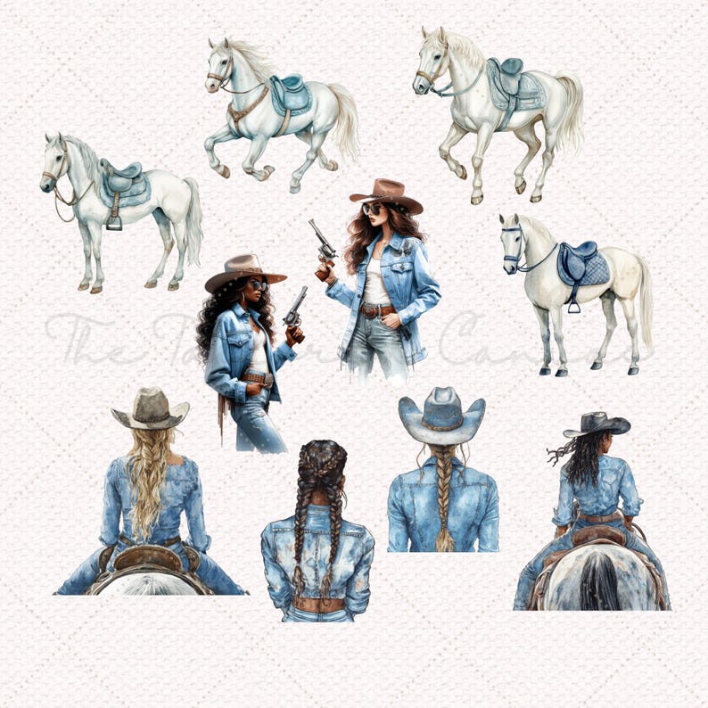 May include: Digital clipart set featuring watercolor illustrations of women in denim jackets and cowboy hats, some riding white horses. The women are holding guns and some are wearing braids.