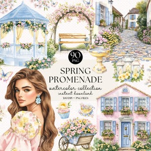 Pacchetto di clipart ad acquerello "Passeggiata primaverile" - Case romantiche, fiori, gazebo, tazze da tè e farfalle - Download immediato di file PNG