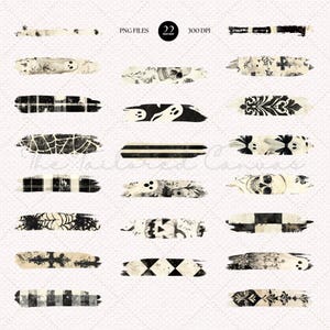 May include: Set of 22 digital Halloween brush strokes in black and white with various patterns including skulls, ghosts, plaid, and stripes. PNG files, 300 DPI.