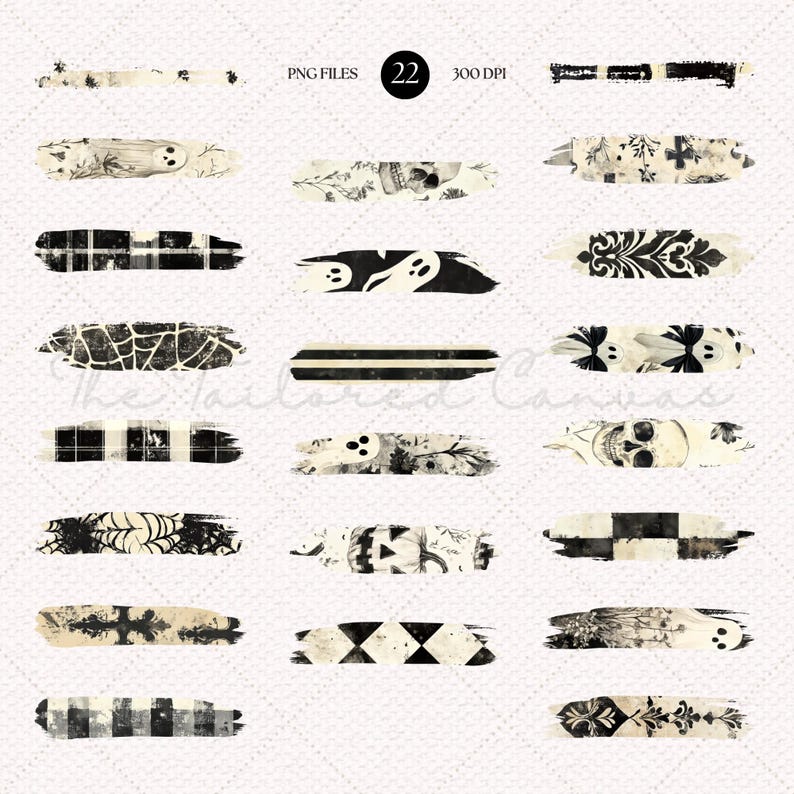 May include: Set of 22 digital Halloween brush strokes in black and white with various patterns including skulls, ghosts, plaid, and stripes. PNG files, 300 DPI.