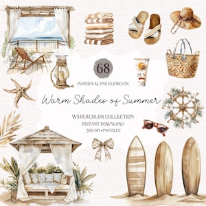 Paquete de imágenes prediseñadas de verano neutral de acuarela: Pngs de alta calidad, Imágenes prediseñadas de playa, Imágenes prediseñadas costeras de acuarela, Gráficos de verano de acuarela