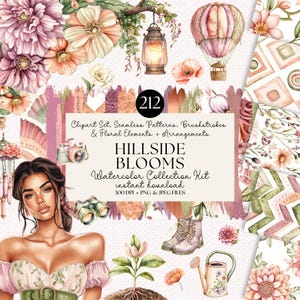 Aquarel Clipart Kit Hillside Blooms Bloemenillustraties en naadloze patronen PNG-penseelstreken Heteluchtballon Digitale download