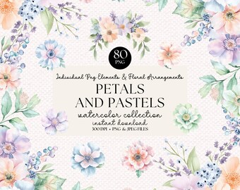 Watercolor Floral Clipart: Petals and Pastels PNG, Pastel Flower Arrangements (Digital Download)