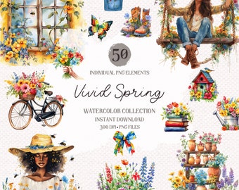 Può includere: Un set di illustrazioni ad acquerello con 50 elementi PNG individuali a tema primaverile. Il set include una varietà di fiori, una bicicletta, una casetta per uccelli, un annaffiatoio, una donna su un'altalena, una finestra, una farfalla, stivali, una pila di libri e piante in vaso. Il testo "Vivid Spring Watercolor Collection Instant Download 300 DPI PNG Files" è incluso nell'immagine.