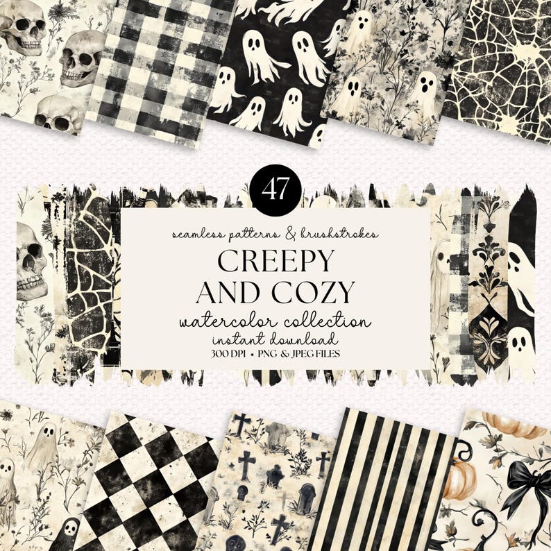 May include: A set of 47 digital seamless patterns and brushstrokes in black, white, and cream colors. The patterns feature spooky and cozy Halloween themes, including ghosts, skulls, pumpkins, and cross-shaped tombstones.
