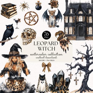 Puede incluir: Un conjunto de 76 ilustraciones de acuarela con un tema de estampado de leopardo. Las ilustraciones incluyen una bruja, una casa, una calavera, un gato, un cristal, un árbol, una mano, un lazo y un pentagrama. Las ilustraciones son perfectas para crear manualidades, tarjetas y decoraciones con temática de Halloween.