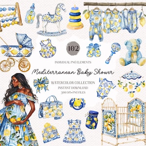 Pacote de clipart de chá de bebê mediterrâneo - png de alta qualidade, clipart aquarela, convite para chá de bebê com limão, chá de bebê mediterrâneo