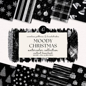 Puede incluir: Un conjunto de 47 patrones digitales sin costuras y trazos de pincel en negro y plata con un tema navide&ntilde;o. Los patrones incluyen copos de nieve, adornos, cuadros, rayas y puntos. El texto "Moody Christmas Watercolor Collection" se muestra en el centro de la imagen.