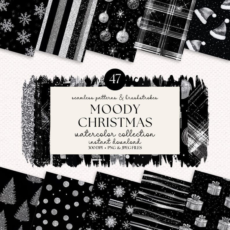 Puede incluir: Un conjunto de 47 patrones digitales sin costuras y trazos de pincel en negro y plata con un tema navide&ntilde;o. Los patrones incluyen copos de nieve, adornos, cuadros, rayas y puntos. El texto "Moody Christmas Watercolor Collection" se muestra en el centro de la imagen.