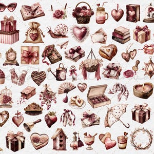 May include: A collection of watercolor illustrations featuring romantic and Valentine's Day themed objects. The image includes gift boxes, hearts, books, cupcakes, a birdcage, a watering can, and other decorative elements in shades of pink and brown.