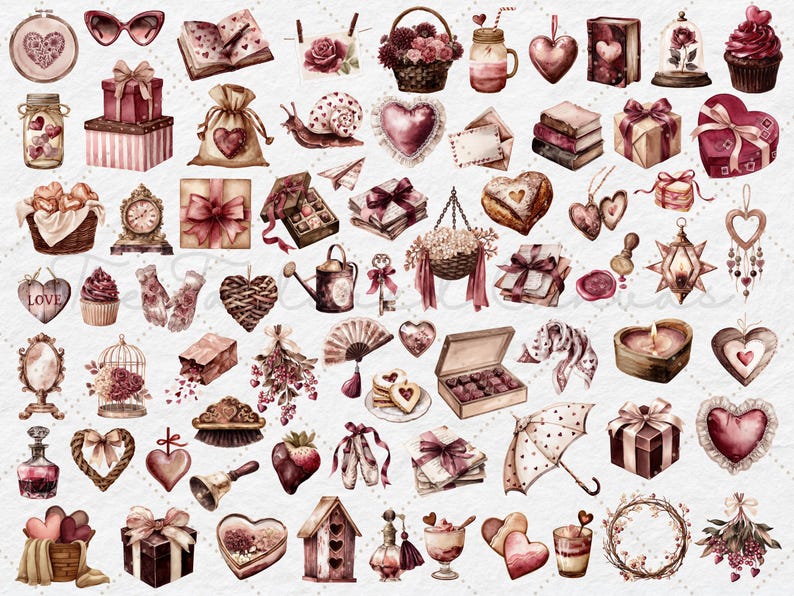 May include: A collection of watercolor illustrations featuring romantic and Valentine's Day themed objects. The image includes gift boxes, hearts, books, cupcakes, a birdcage, a watering can, and other decorative elements in shades of pink and brown.