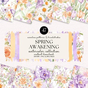 Frühling Aquarell Blumen Digital Papier Bundle, Nahtlose Muster & Pinselstriche, Lila und Pfirsich Blumen Clipart, 300 DPI PNG JPG