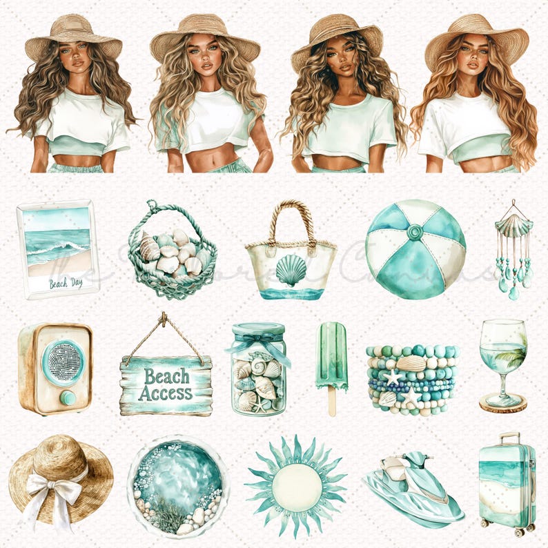 May include: Watercolor illustrations of beach-themed items. Includes images of women in straw hats, a beach bag with a seashell, a beach ball, a radio, a sign that says "Beach Access", a jar of seashells, a popsicle, a bracelet, a wine glass, a sun, a jet ski, and a suitcase.