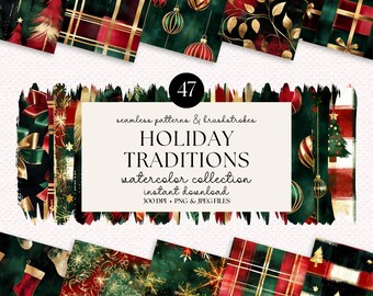 Christmas Watercolor Seamless Patterns: Brushstrokes Bundle (Digital Download)