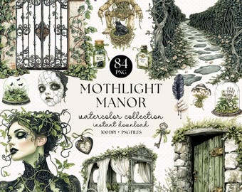 Aquarell Gothic Cottagecore Clipart: Mottenlicht Manor PNG Set (Digitaler Download)