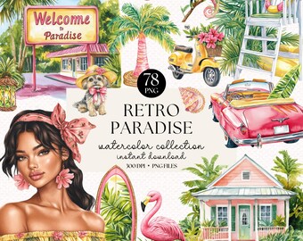 May include: Watercolor illustration titled "Retro Paradise" featuring a collection of tropical elements. Includes a pink convertible, a yellow scooter, a flamingo, a woman, and a sign that says "Welcome to Paradise".