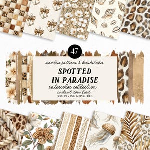 Neutral Summer Seamless Patterns & Brushstrokes | 47 Coastal Leopard Print Digital Papers PNG and JPEG