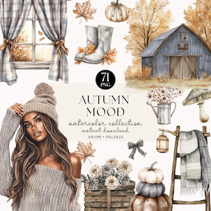 Pacote de clipart de outono neutro em aquarela - PNGs de outono Cottagecore, adesivos fofos de outono e decorações para scrapbooking, clipart de outono neutro