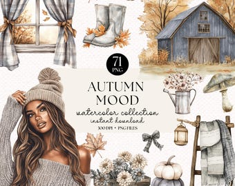 Watercolor Neutral Autumn Clipart Bundle - Fall Cottagecore PNGs, Cute Fall Stickers & Scrapbooking Decorations, Neutral Fall Clip art