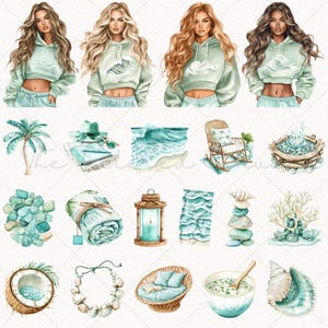 May include: Watercolor illustrations featuring women in mint green hoodies with wave designs, and beach-themed items like a palm tree, beach towel, seashells, and a rocking chair. The artwork has a soft, pastel color palette.