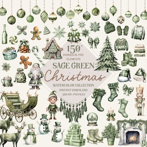 Sage Green Christmas Clipart Png Bundle - 150 High Quality Pngs, Winter Collection, Luxury Watercolor Holiday Clip Art, Sublimation Designs