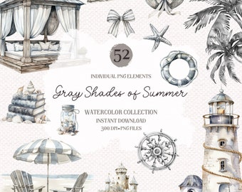 Watercolor Summer Clipart Bundle: Gray Beach Coastal PNGs (Digital Download)