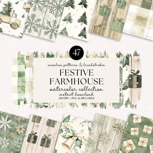 Lot de motifs sans couture aquarelle de Noël de la ferme et coups de pinceau - 47 papiers numériques de Noël neutres de haute qualité