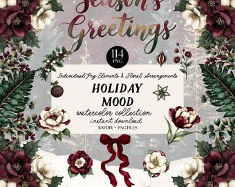 Christmas Clipart Bundle, Holiday Watercolor, Burgundy and Green Floral, Dark Academia Winter, Elegant Holiday