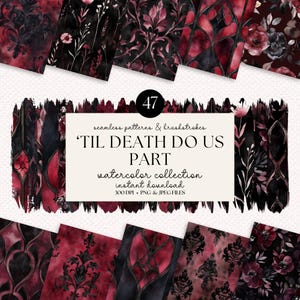 Gothic Watercolor Seamless Patterns and Brushstrokes Bundle - 47 High Quality PNG and JPEG, Halloween Collection, Digital Papers