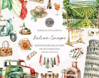 May include: A watercolor illustration set of 130 Italian-themed elements, including a Vespa scooter, a pizza, a glass of wine, a straw hat, a vineyard, a pizza oven, a suitcase, and the Leaning Tower of Pisa. The set is titled "Italian Escape Watercolor Collection".