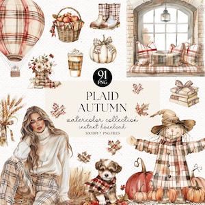 Pacote de clipart de outono xadrez aquarela - PNGs de outono aconchegante, álbum de recortes digital, download instantâneo