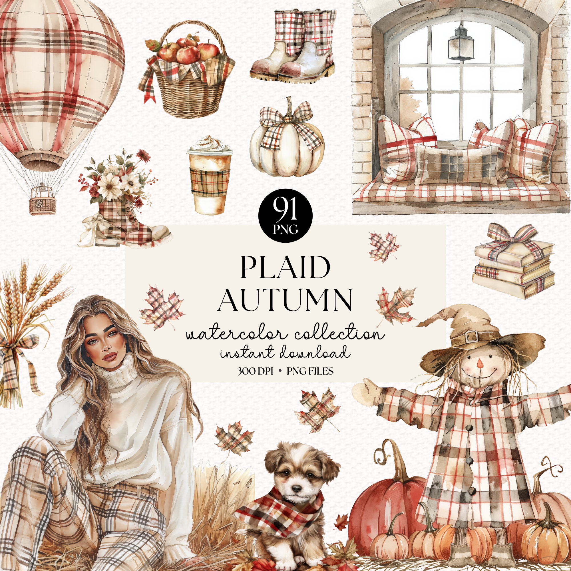 Watercolor Plaid Autumn Clipart Bundle - Cozy Fall PNGs, Digital Scrapbooking, Instant Download