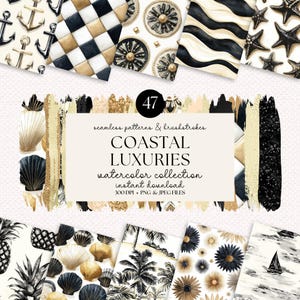 Coastal Watercolor Patterns: Luxury Beach Textures, Brush Strokes (Digital Download)