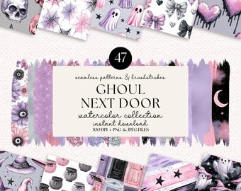 May include: A collection of watercolor patterns and brushstrokes with a Halloween theme. The designs include ghosts, skulls, spiderwebs, and witch hats in shades of purple, pink, and gray. The text reads "GHOUL NEXT DOOR".
