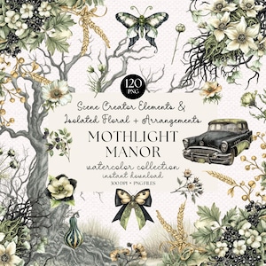 May include: A watercolor collection titled "Mothlight Manor" featuring floral arrangements, isolated elements, and a vintage car illustration. The design includes a butterfly, flowers, and berries. The text reads "Scene Creator Elements & Isolated Floral + Arrangements".