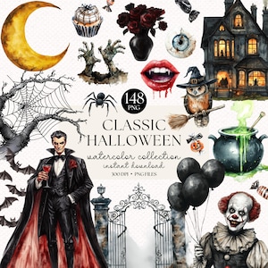 Zestaw akwarelowych klasycznych Halloweenowych clipartów - Straszne ilustracje, jesienne dekoracje, zaproszenia i rękodzieło, cliparty nietoperzy i pajęczyn