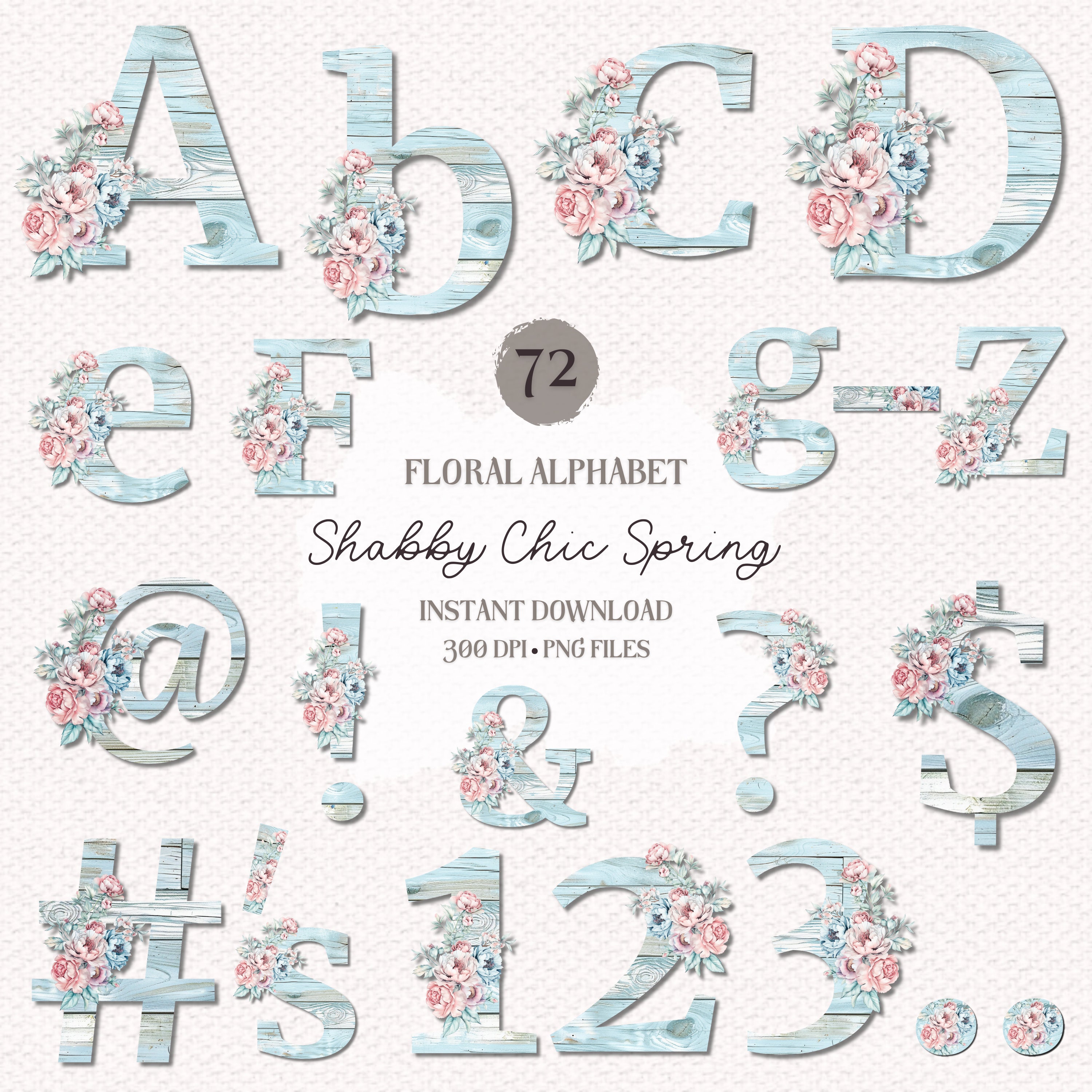 Shabby Chic Floral Alphabet PNG Set: Spring Watercolor Letters (digital ...