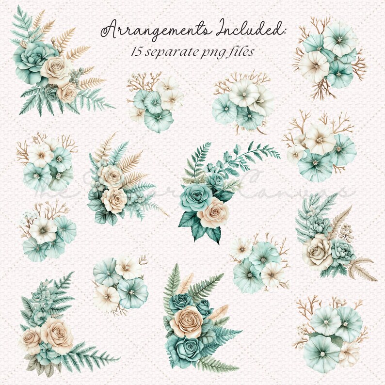 May include: Watercolor floral arrangements in shades of teal, cream, and tan. The image includes various bouquets and corner arrangements with roses, other flowers, and greenery. Text reads: Arrangements Included: 15 separate png files.
