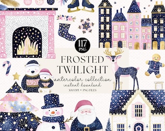 Watercolor Christmas Clipart Bundle: Pink & Blue Holiday Illustrations (PNG Digital Download)