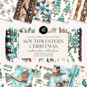 Motifs de Noël du sud-ouest et coups de pinceau - papier numérique aquarelle, clipart vacances rustiques, Noël turquoise et marron