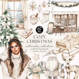 Paquete de imágenes prediseñadas de Navidad acogedoras en acuarela: arte festivo, Navidad neutra, imágenes prediseñadas de Navidad, pegatinas digitales, Navidad blanca, decoración navideña