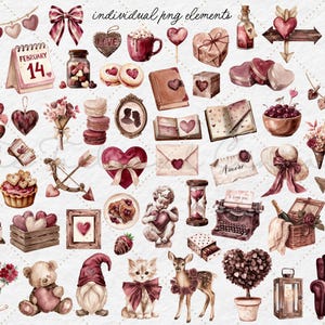 May include: Watercolor illustrations of Valentine's Day themed elements. The image features hearts, bows, a calendar, a teddy bear, a kitten, a deer, and other romantic items in shades of red, pink, and brown. The text "individual png elements" is visible.