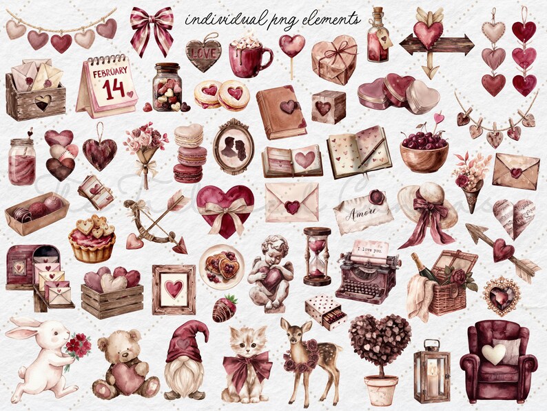 May include: Watercolor illustrations of Valentine's Day themed elements. The image features hearts, bows, a calendar, a teddy bear, a kitten, a deer, and other romantic items in shades of red, pink, and brown. The text "individual png elements" is visible.