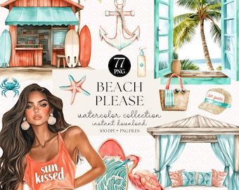 Lot de cliparts plage aquarelle : fille tropicale, palmiers, planches de surf (ensemble à téléchargement immédiat PNG)