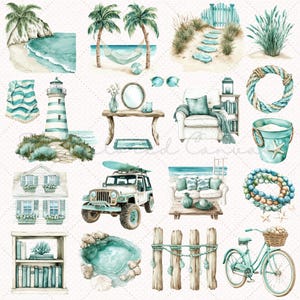 May include: Watercolor illustrations of coastal and beach-themed elements. Includes a lighthouse, a jeep with a surfboard, a hammock between palm trees, a bicycle with a basket, and a sofa with pillows, all in shades of blue and white.